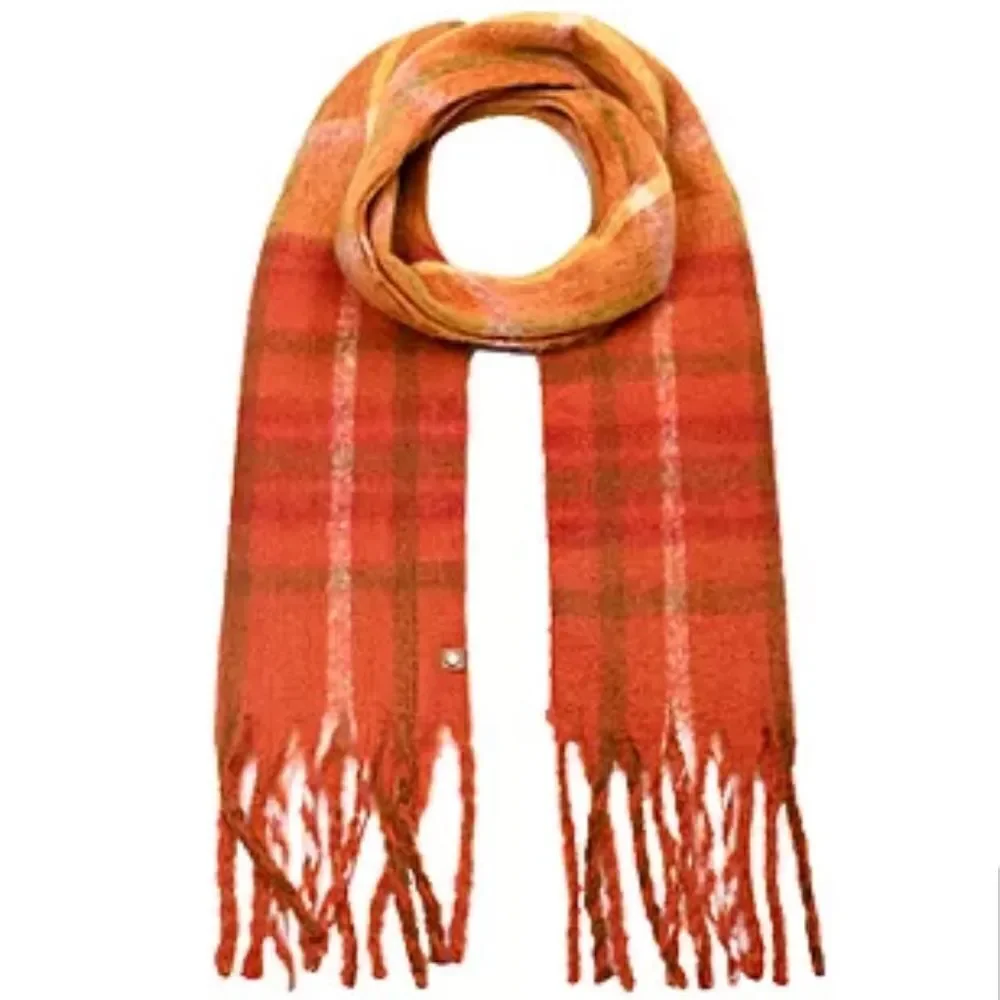 Frye & Co. Rusty Clay Orange Plaid Check Midweight Large Tasseled Blanket Scarf